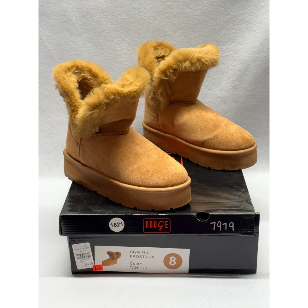 Rouge Frosty-39 Tan Faux Suede Fur Lined Platform Ankle Boots Womens 8